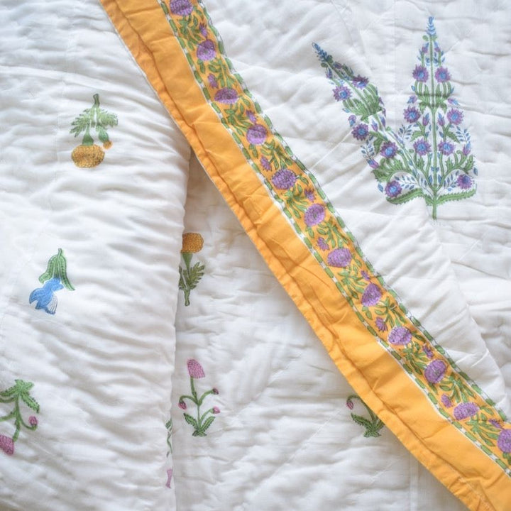 All-Season Cotton Reversible Quilt - Hand Block Print, White & Yellow