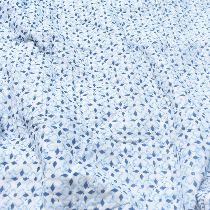 All-Season Cotton Reversible Quilt - Hand Block Print, White & Blue