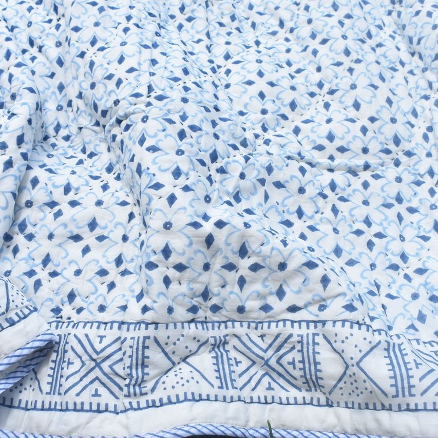 All-Season Cotton Reversible Quilt - Hand Block Print, White & Blue