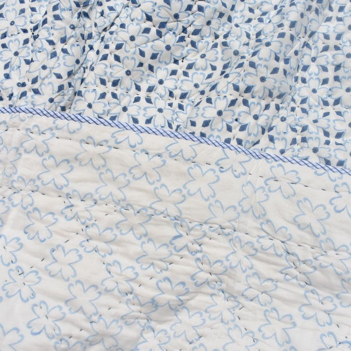 All-Season Cotton Reversible Quilt - Hand Block Print, White & Blue