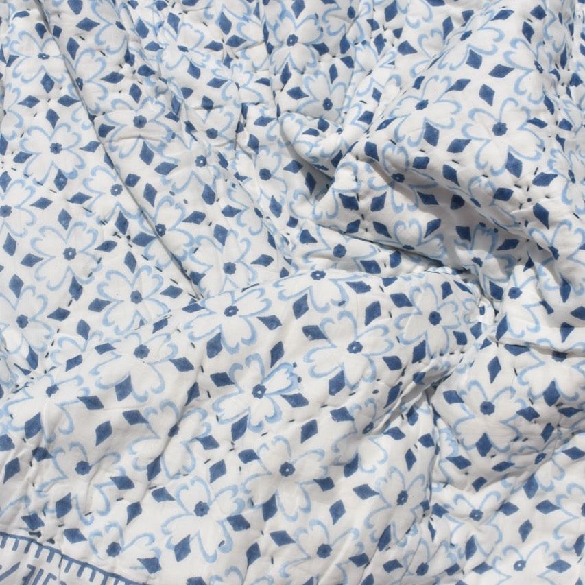 All-Season Cotton Reversible Quilt - Hand Block Print, White & Blue