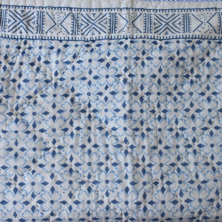 All-Season Cotton Reversible Quilt - Hand Block Print, White & Blue