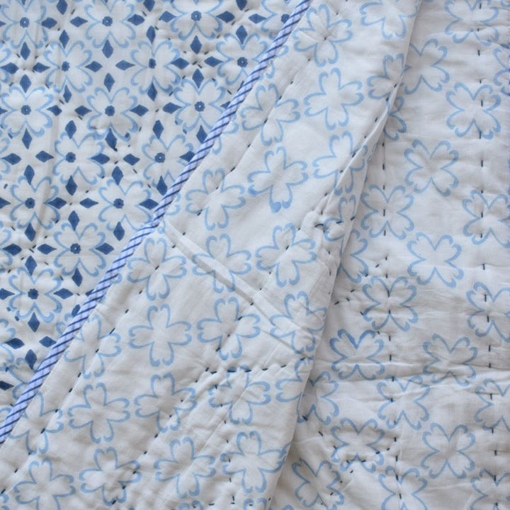 All-Season Cotton Reversible Quilt - Hand Block Print, White & Blue