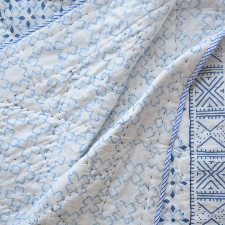 All-Season Cotton Reversible Quilt - Hand Block Print, White & Blue