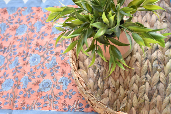 Peach Blue Floral Table Runner with Scallops - 14IN x 108IN