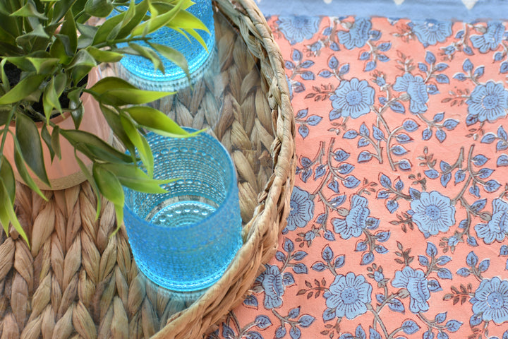 Peach Blue Floral Table Runner with Scallops - 14IN x 108IN