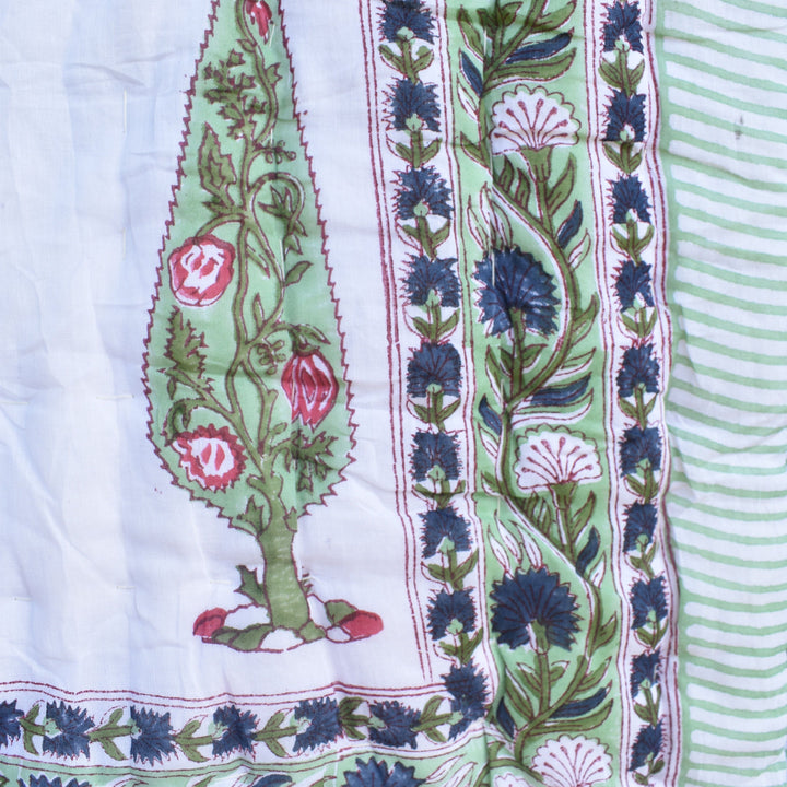 All-Season Cotton Reversible Quilt - Hand Block Print, White and Green