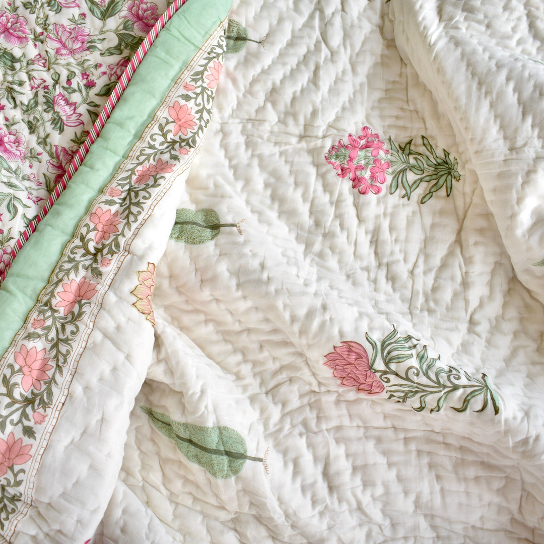 Hand block printed muslin cotton quilt, reversible design, white and pink, all-season comfort