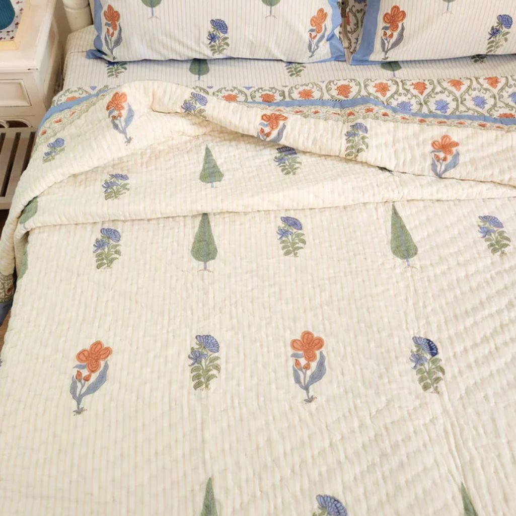 Hand block printed cotton bedspread, reversible design, white, all-season comfort