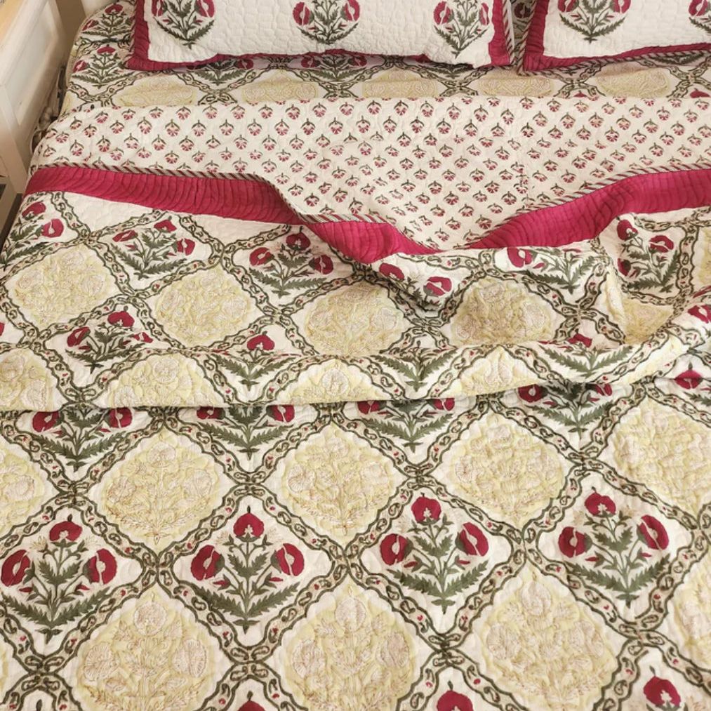 Reversible 3Pc Bedspread Set – Cotton, Hand Block Printed