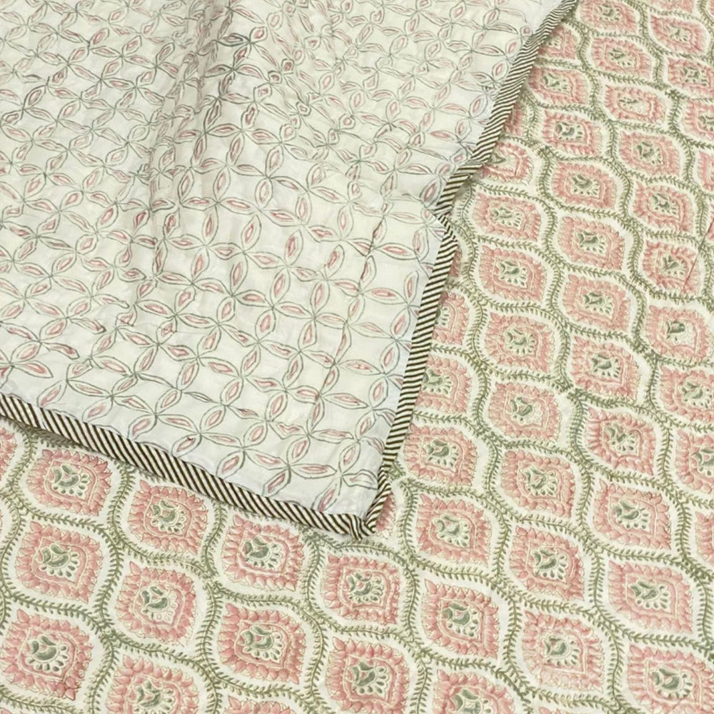 Hand block printed muslin cotton quilt, reversible design, baby pink, all-season comfort