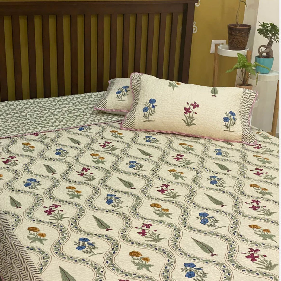 Hand block printed cotton bedspread, reversible design, white, all-season comfort