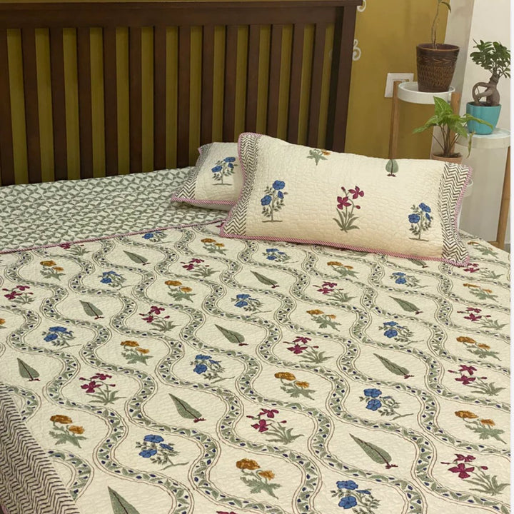 Hand block printed cotton bedspread, reversible design, white, all-season comfort