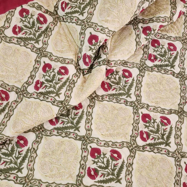 Hand block printed muslin cotton quilt, reversible design, beige, all-season comfort