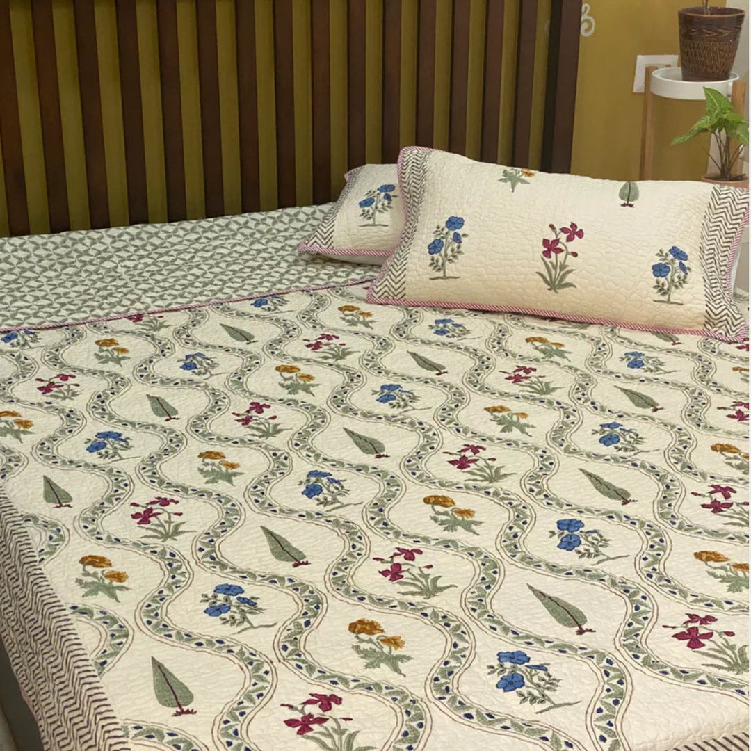 Hand block printed cotton bedspread, reversible design, white, all-season comfort