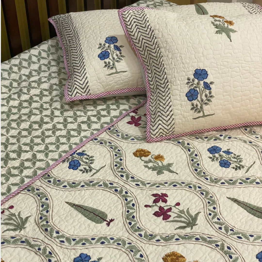 Hand block printed cotton bedspread, reversible design, white, all-season comfort