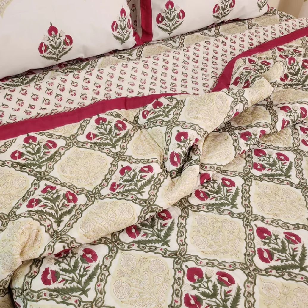 Hand block printed muslin cotton quilt, reversible design, beige, all-season comfort