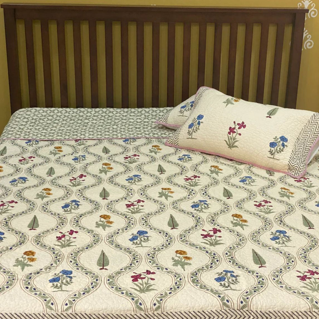 Hand block printed cotton bedspread, reversible design, white, all-season comfort