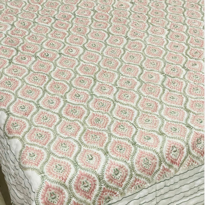 Hand block printed muslin cotton quilt, reversible design, baby pink, all-season comfort