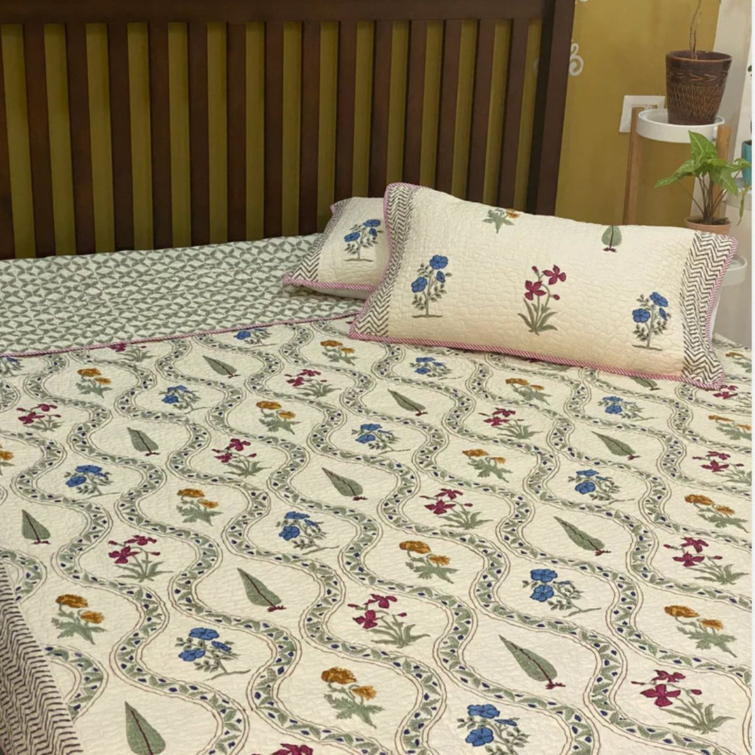 Hand block printed cotton bedspread, reversible design, white, all-season comfort