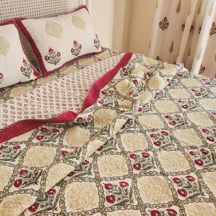 Reversible 3Pc Bedspread Set – Cotton, Hand Block Printed