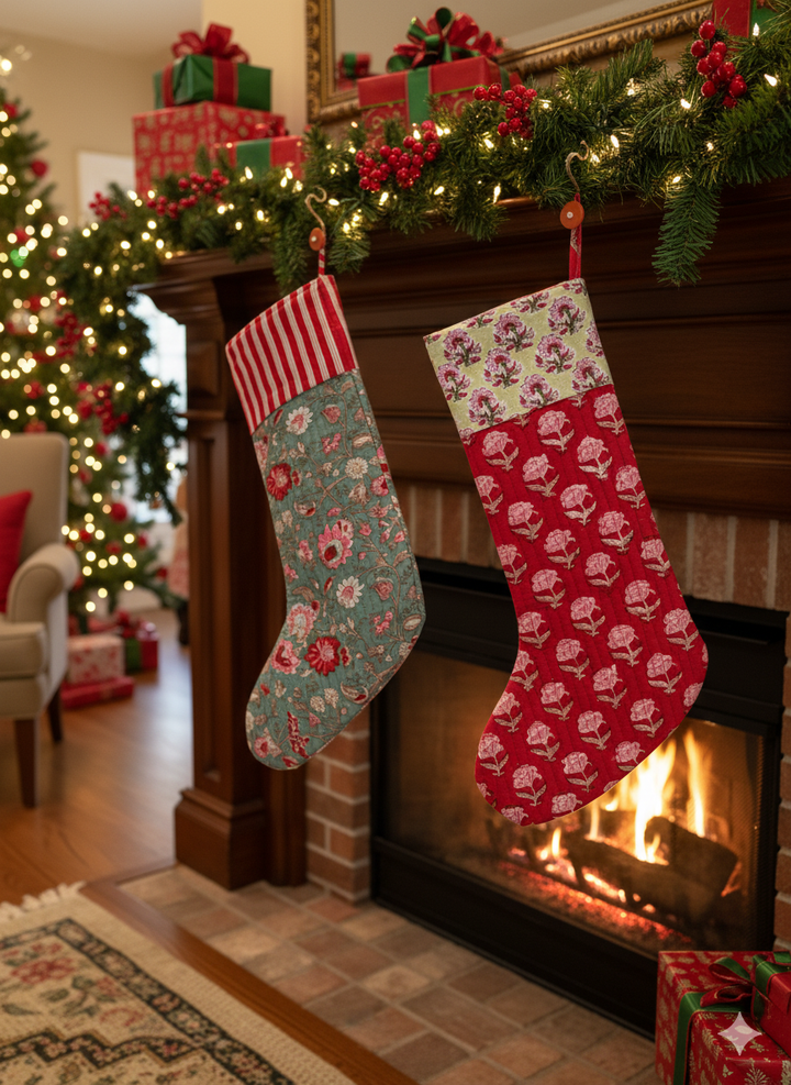 Holly Blush – Handblock Print Quilted Stocking