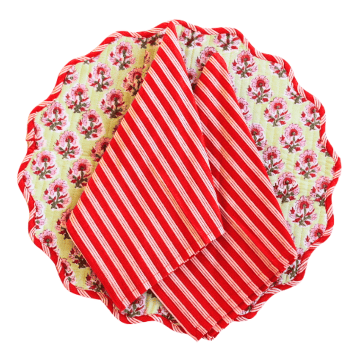 Rosette Red Stripe - Cotton Table Napkins (Set of 4)