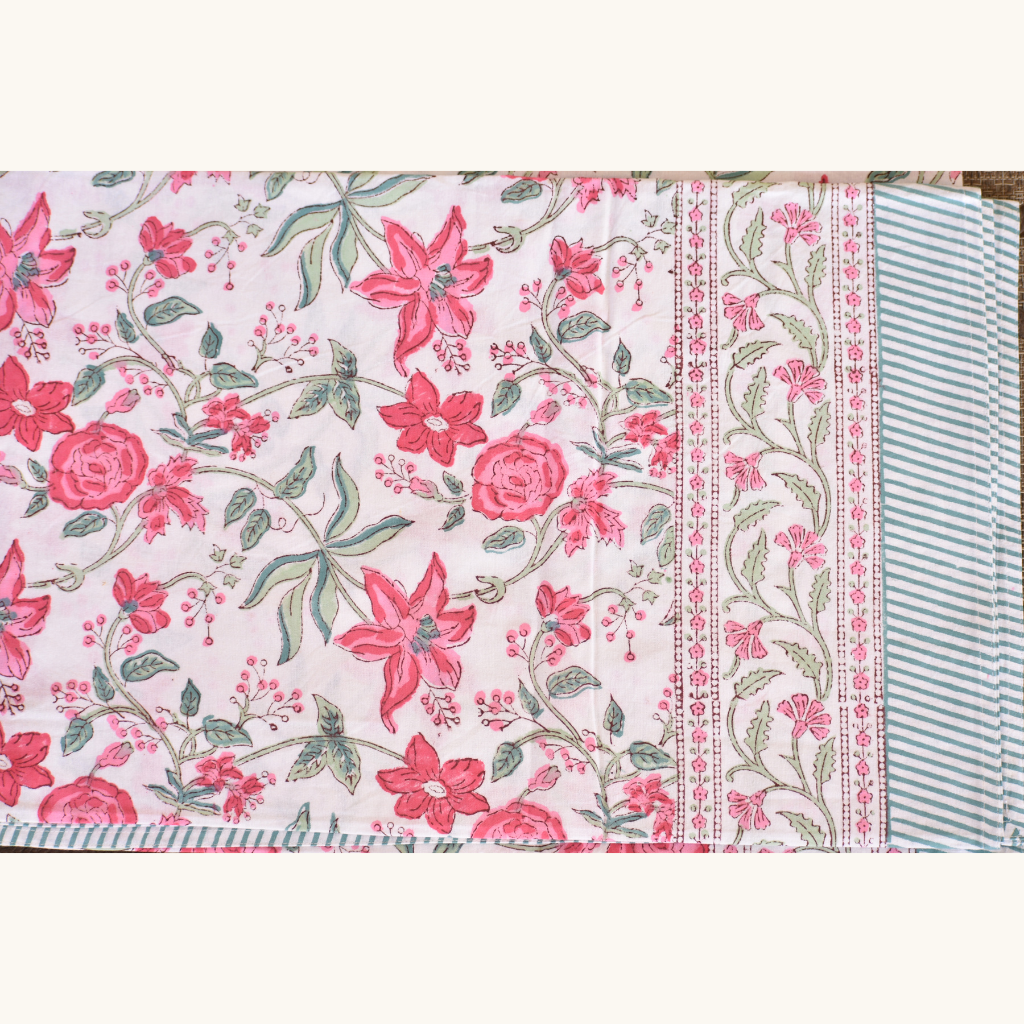 Mistletoe Rose - Handblock Print Cotton Tablecloth