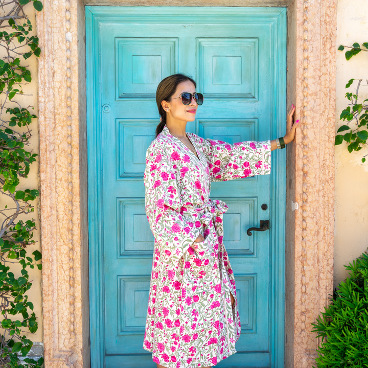 Fuchsia Garden - Waffle Cotton Women Robe