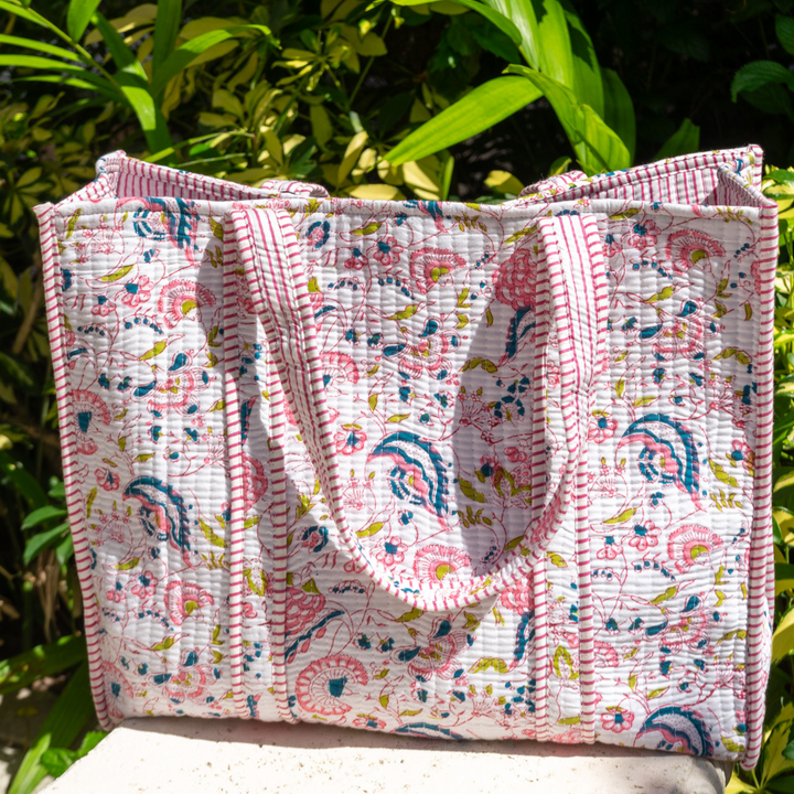 Quilted Cotton Tote Bag - Pink Peacock