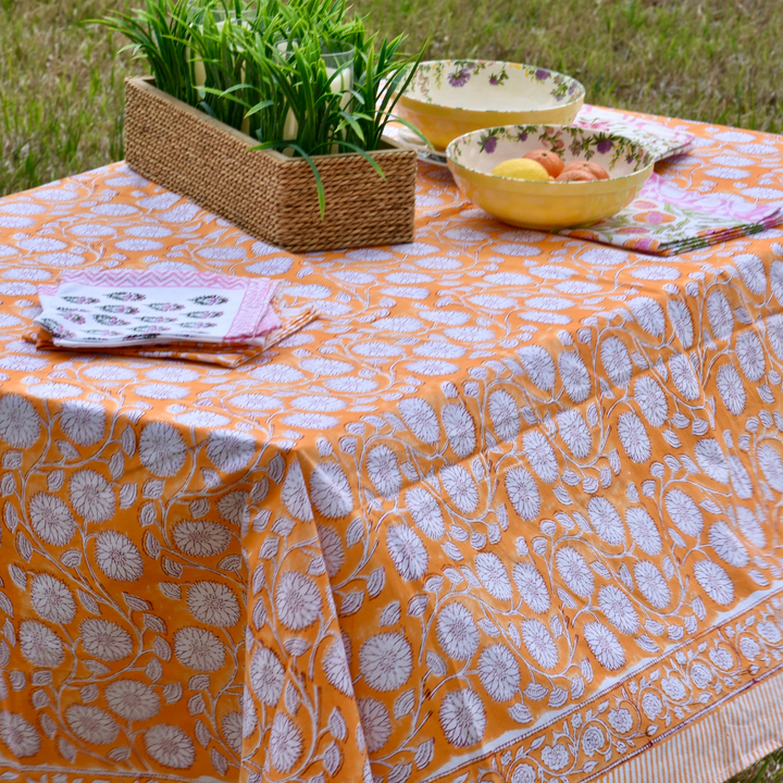 Orange Summer - Handblock Print Cotton Tablecloth