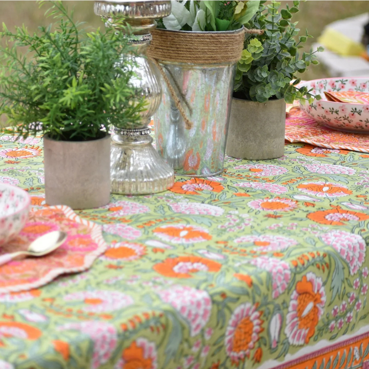 Marigold Orange - Handblock Print Cotton Tablecloth
