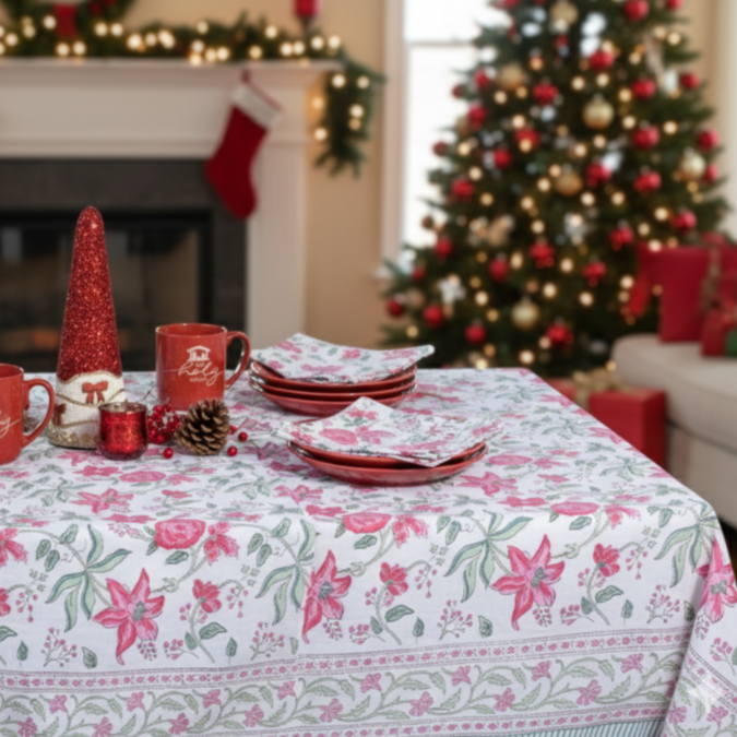 Mistletoe Rose - Handblock Print Cotton Tablecloth
