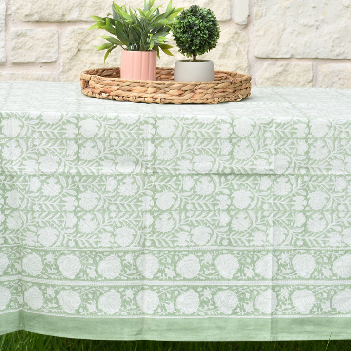 Green Bloom - Handblock Print Cotton Tablecloth