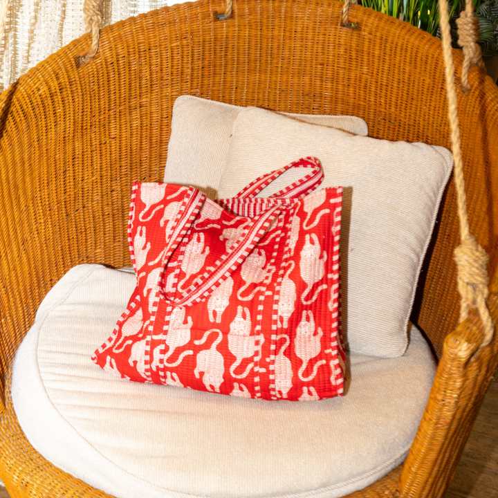 Quilted Cotton Tote Bag - Red Safari