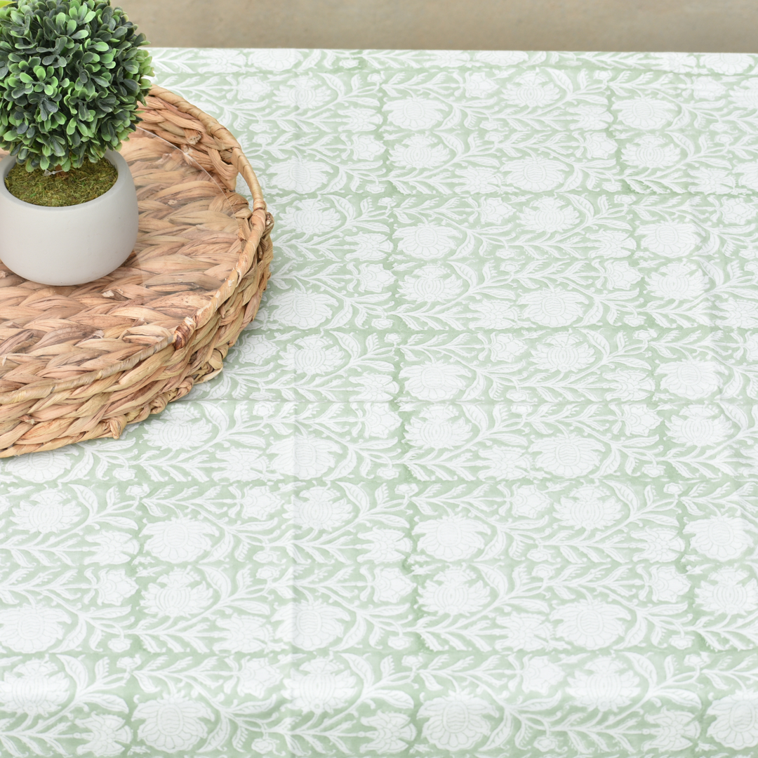 Green Bloom - Handblock Print Cotton Tablecloth