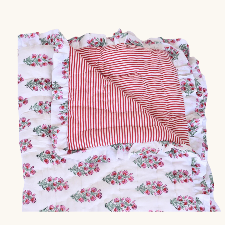 Cherry Stripe Ruffle Throw – Block Printed, Reversible Muslin
