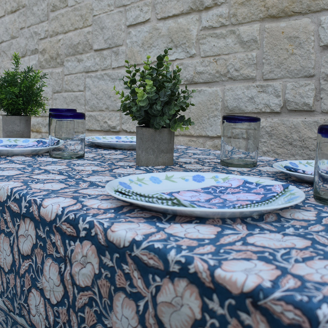 Hand Block Printed Tablecloth & 6 Napkins Gift Set