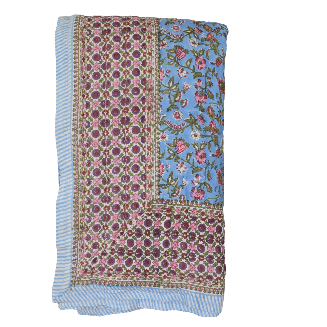 All-Season Cotton Reversible Quilt - Hand Block Print, Blue