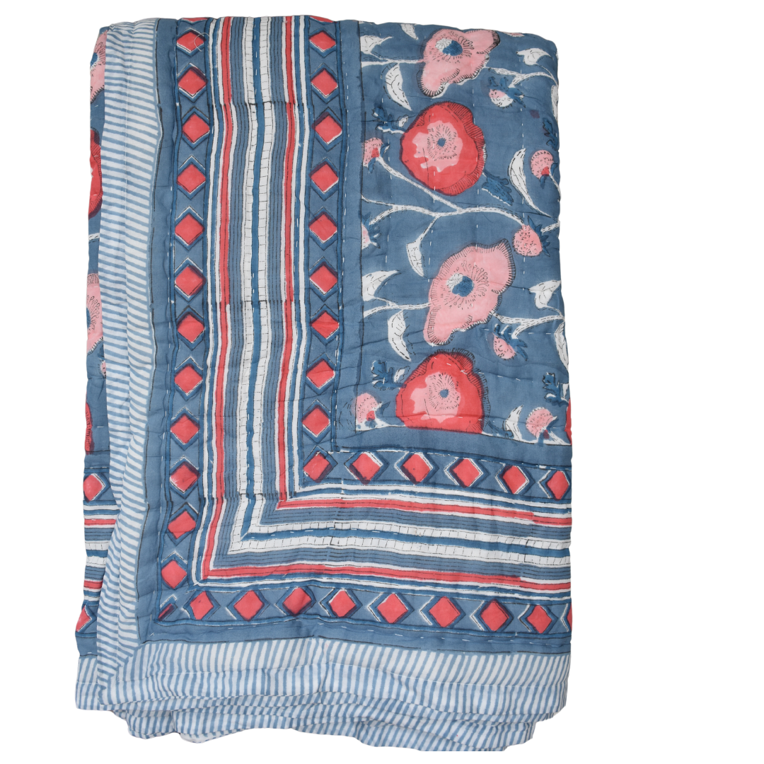 All-Season Cotton Reversible Quilt - Hand Block Print, Blue