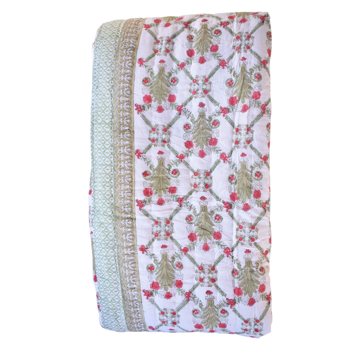 All-Season Cotton Reversible Quilt - Hand Block Print, White and Red