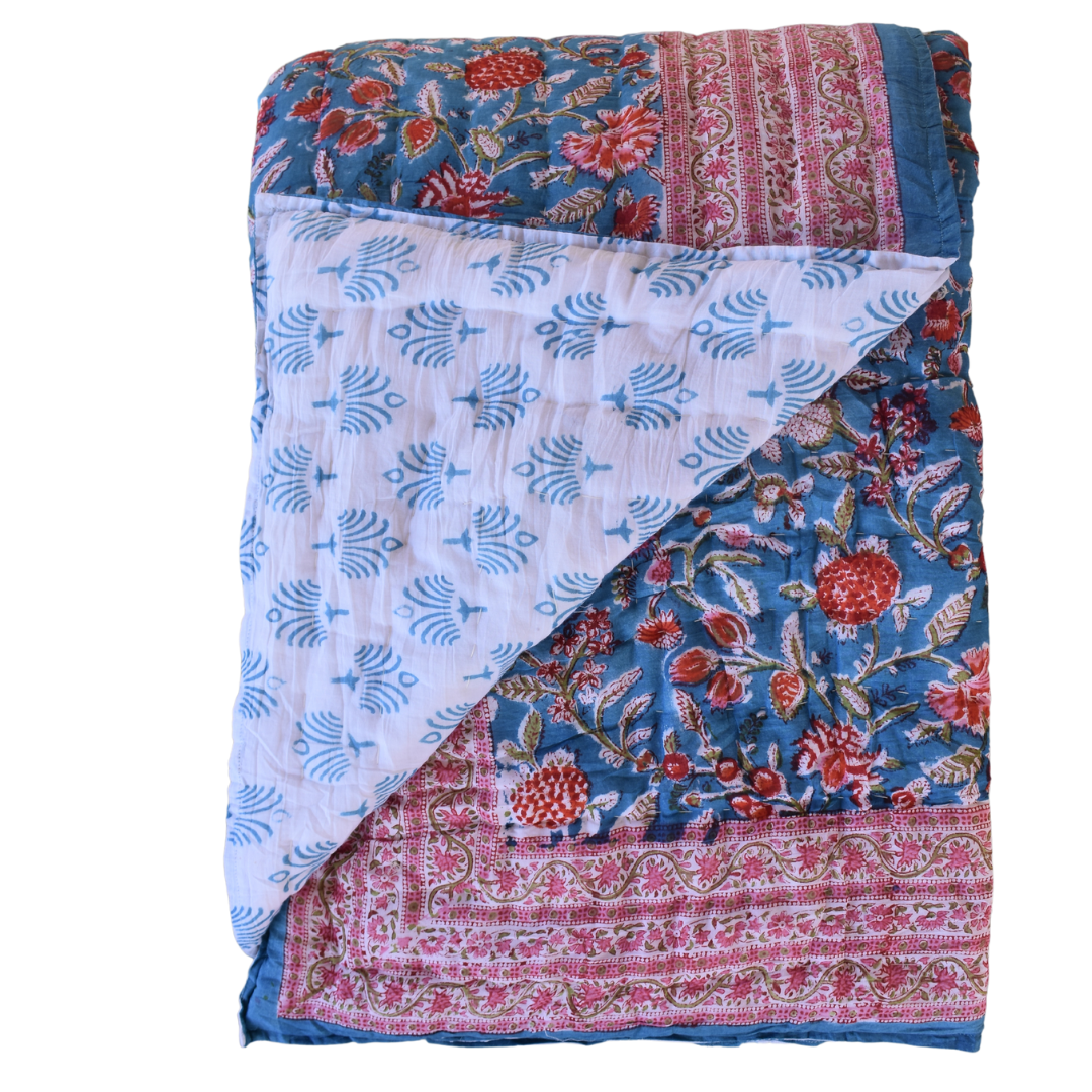 All-Season Cotton Reversible Quilt - Hand Block Print, Blue