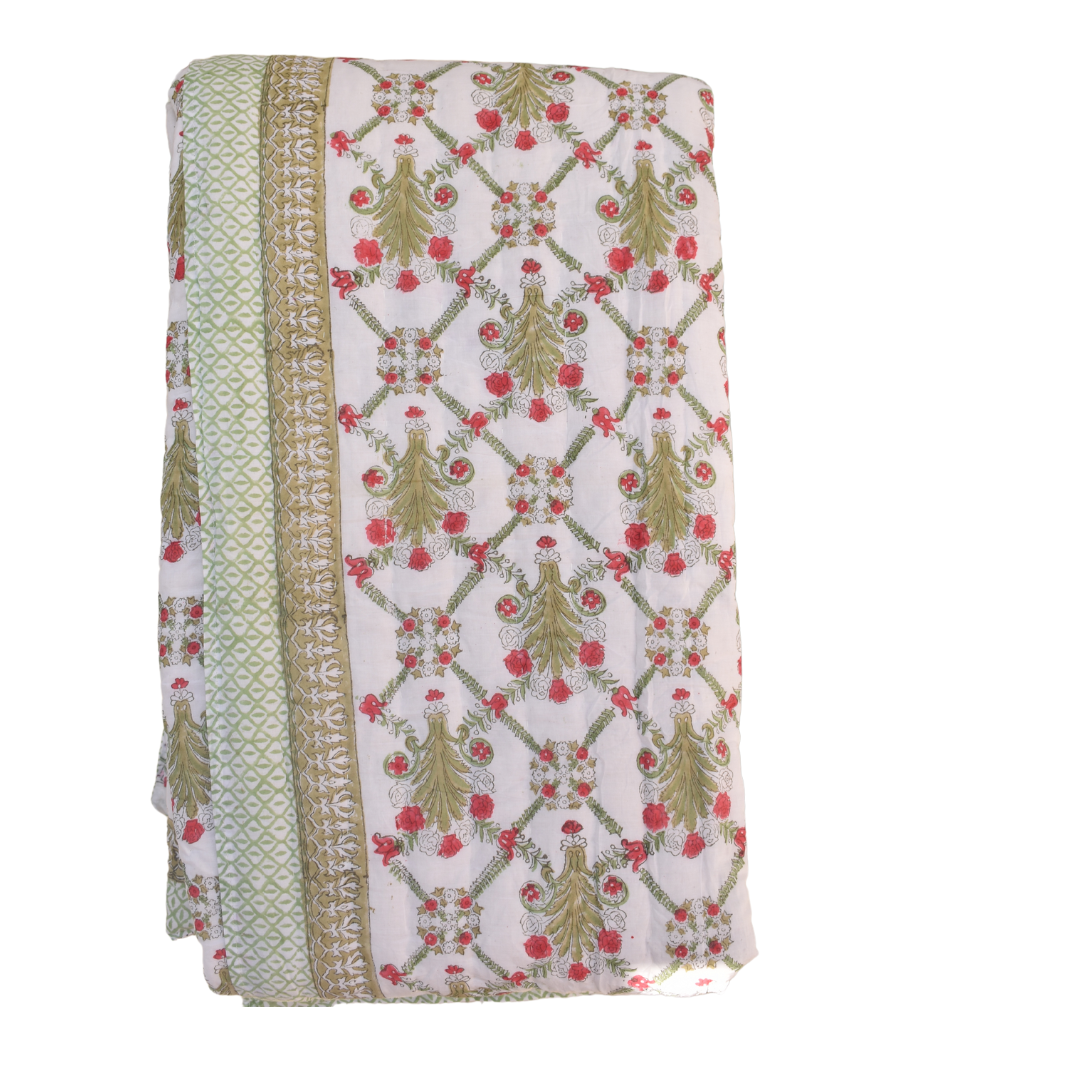 All-Season Cotton Reversible Quilt - Hand Block Print, White and Red