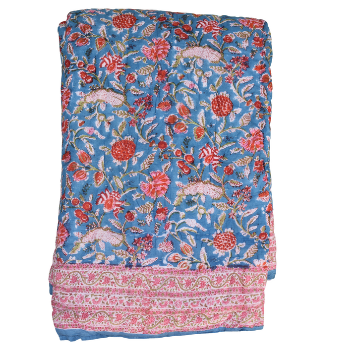 All-Season Cotton Reversible Quilt - Hand Block Print, Blue