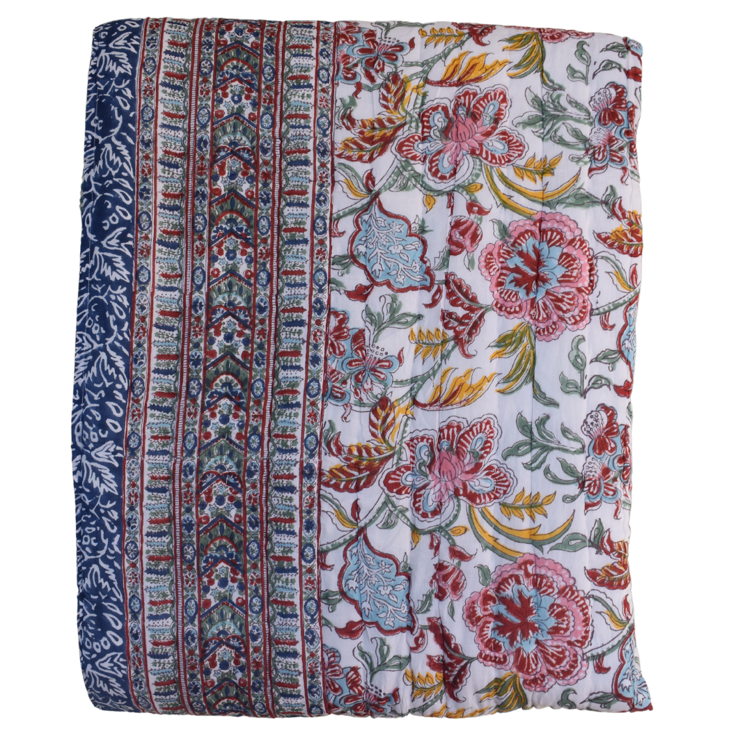 All-Season Cotton Reversible Quilt - Hand Block Print, Blue and White