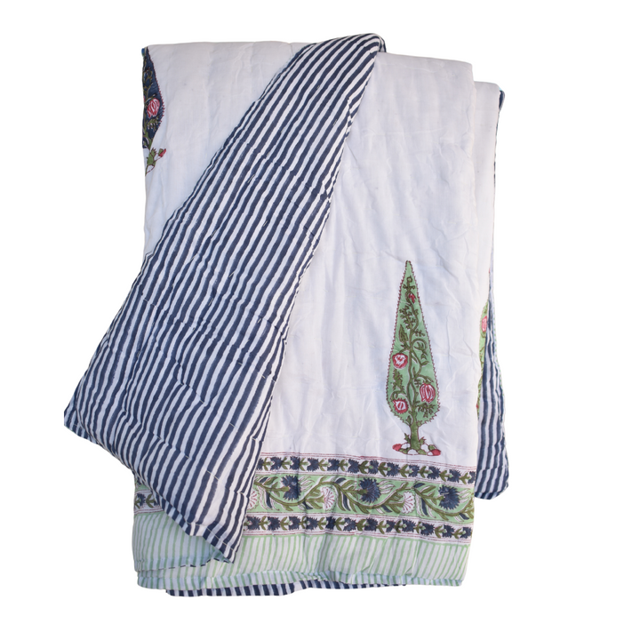 All-Season Cotton Reversible Quilt - Hand Block Print, White