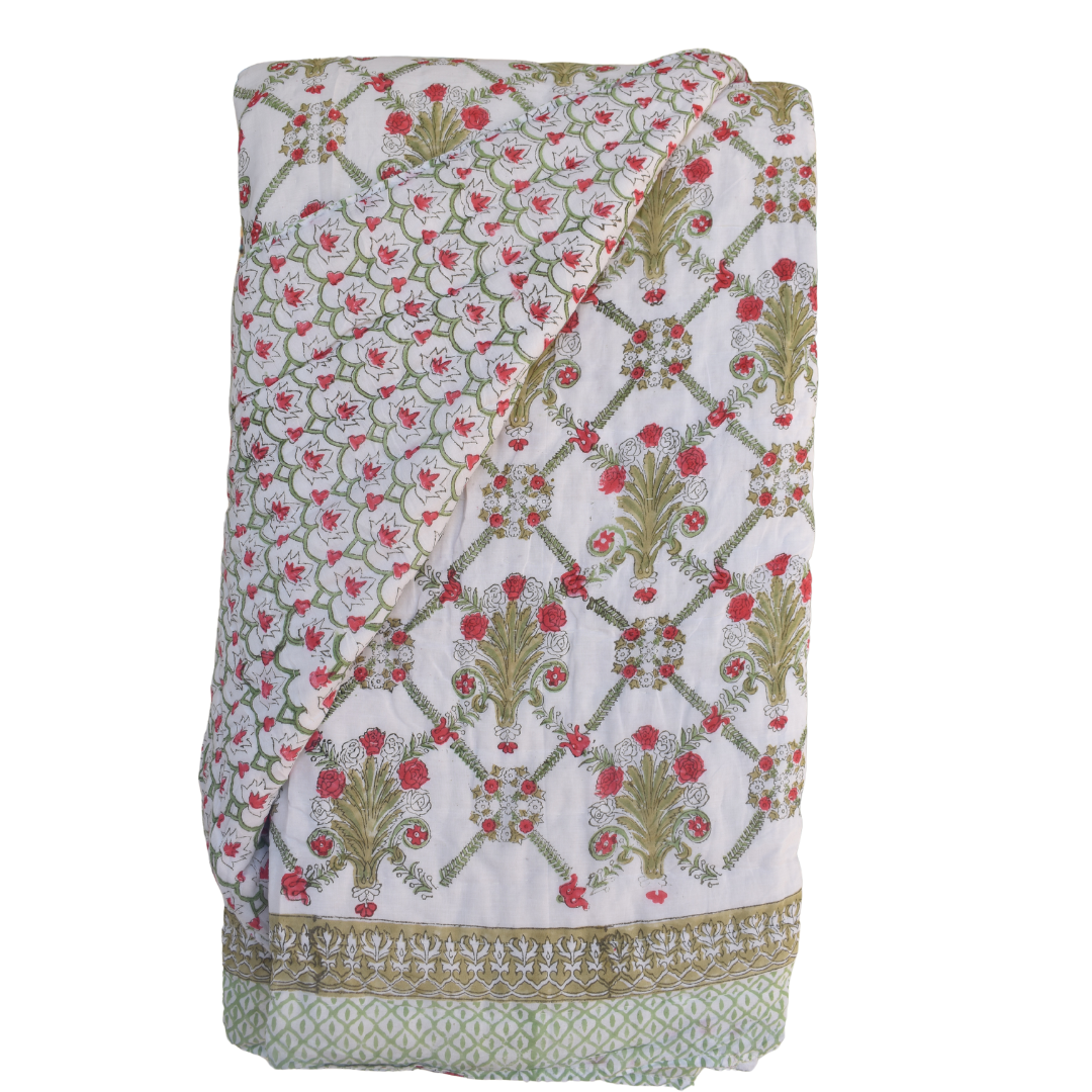 All-Season Cotton Reversible Quilt - Hand Block Print, White and Red