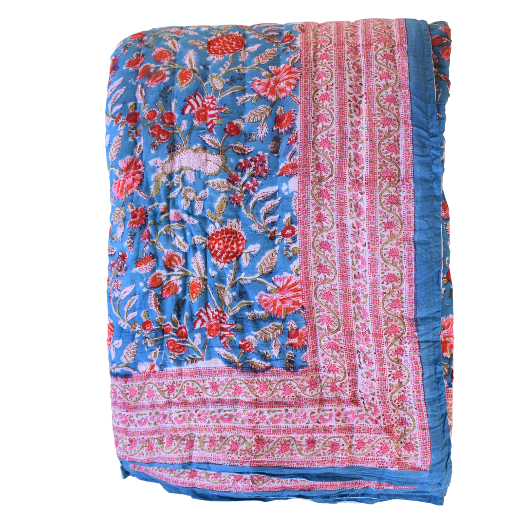 All-Season Cotton Reversible Quilt - Hand Block Print, Blue