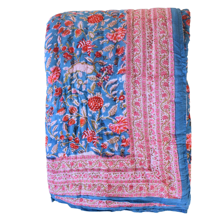 All-Season Cotton Reversible Quilt - Hand Block Print, Blue