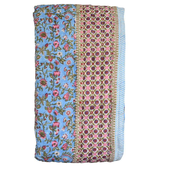 All-Season Cotton Reversible Quilt - Hand Block Print, Blue